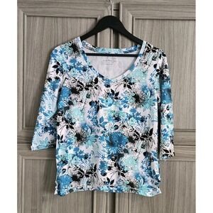 Allyson Whitmore Womens Top Small Floral Blue White Black 3/4 Sleeve Vintage